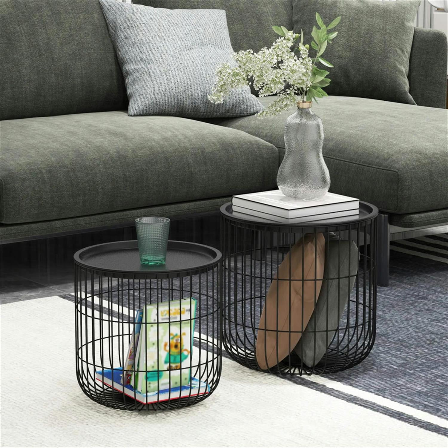 Demi Bonn 15" Nesting Coffee Tables with Steel Wire Basket & Removable Top, Living Room Home Decor for Patio and Garden, Black