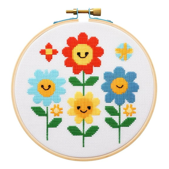 Cartoon Simple Illustration Flower 11CT Stamped DIY Cross Stitch Kits Easy for Beginners Child with Hoop Needlepoint Counted Embroidery Kits Art Craft Wall Decor 12x12inch(15)