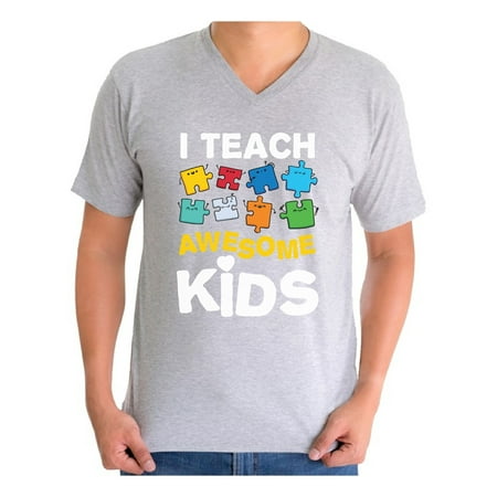 Awesome Graphic Tees - Awkward Styles Men's Autism Awareness Puzzle Graphic V-neck T-shirt Tops I Teach Awesome Kids