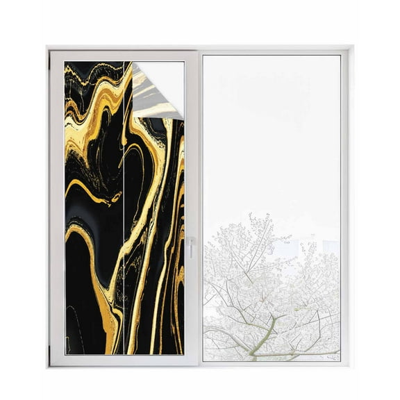 Window Privacy Film Black Gold Marble Stained Glass Window Film Decorative Sun Block Window Cover Modern Geometric Textured Window Clings Static Adhesive Sticker for Bathroom 23.6"x59"