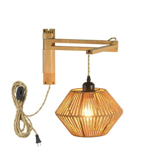 KAYYELAMP Hand-Woven Rattan, Metal, Wood Wall Sconce 9.8Feet Plug in Hemp Dimmer Cord Adjustable Retro Design for Loft Living Room Bedroom Farmhouse