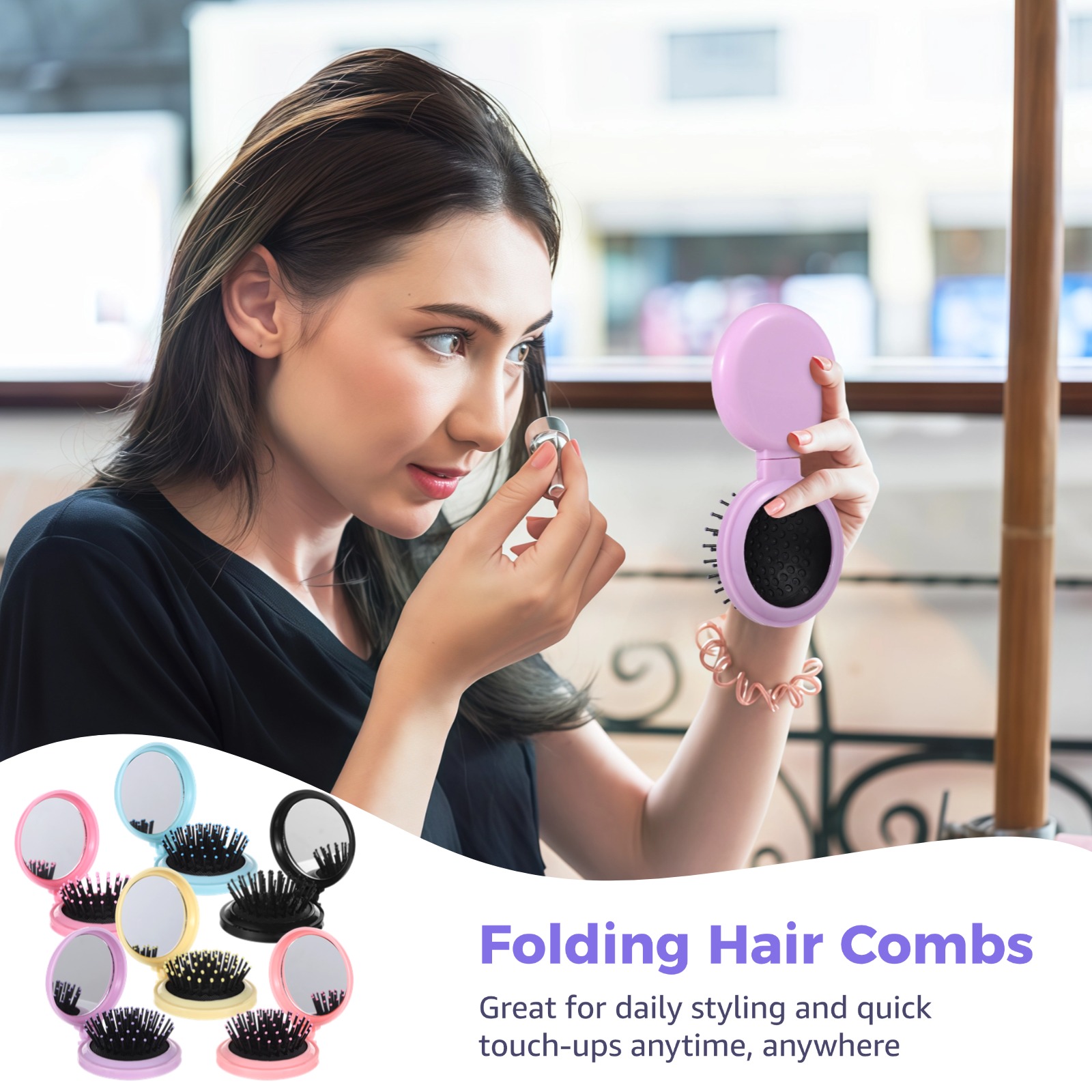 48 Pcs Folding Hair Combs Bulk, Portable Detangling Pocket Brushes, Compact Travel Mini Mirror Combs for Wet Dry Hair, 6 Colors