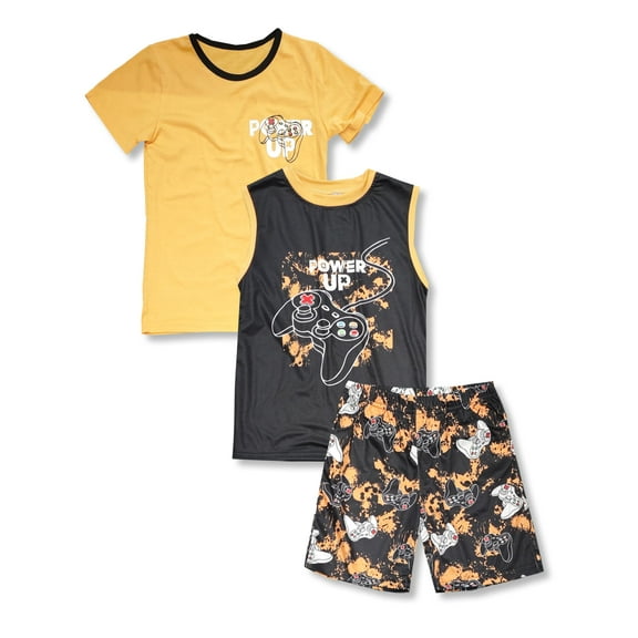 Tebbis Boys Summer Pajama Set, 3-Piece Gamer PJs - Short Sleeves, Tank Top & Shorts Soft Yellow Sleepwear Size 10