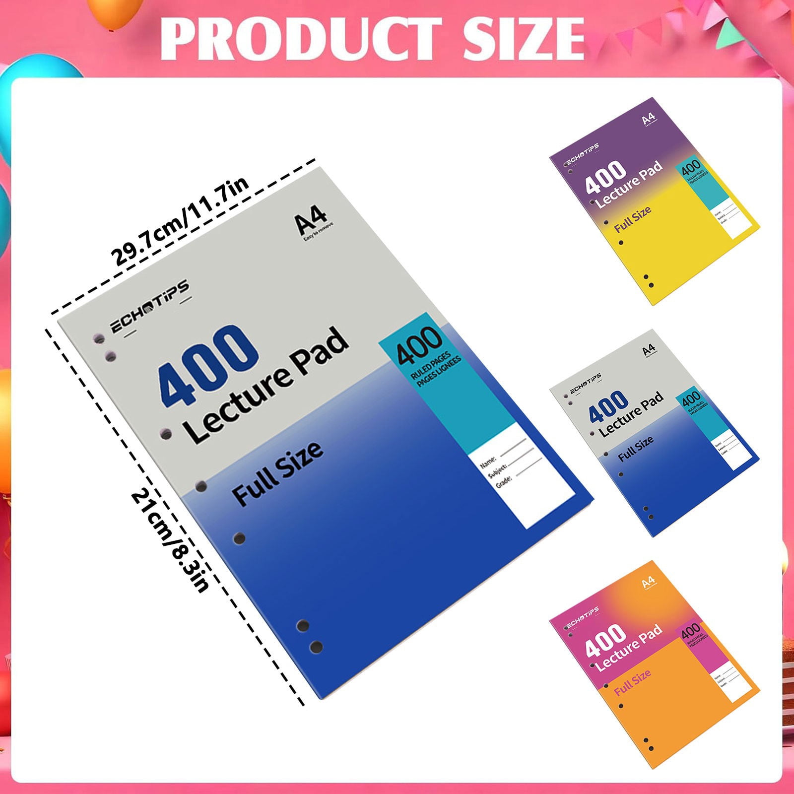 VKLU Blue Grey A4 Writing Pad 400 Pages, Slim 55gsm Lined Notebook, 6-Hole Binder Compatible Filler Paper, Perforated Edge for Campus Study & Meeting Minutes