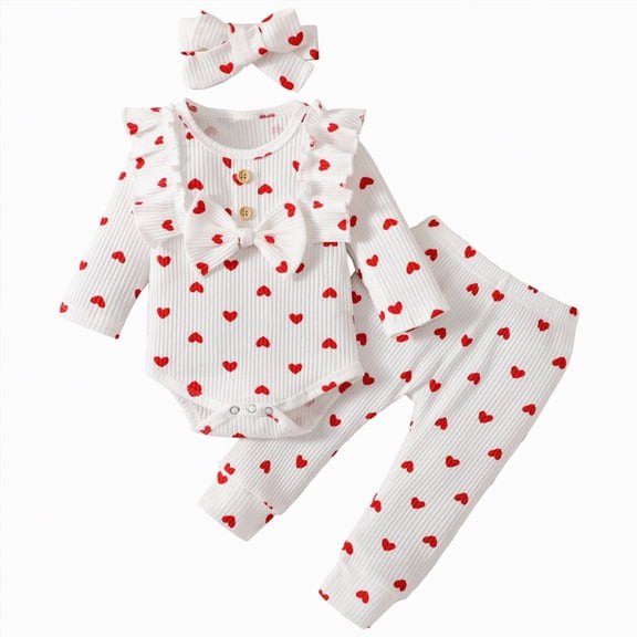 CAICJ98 Infant Newborn Baby Girl Clothes Fall Winter Outfits Ruffled Long Sleeve Romper Pants Set Headband Toddler Clothing 3Pcs (White,0-3 Months)