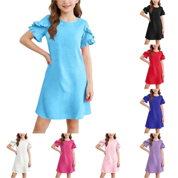 Shachafan Girls Summer Dresses Short Sleeve Casual Round Neck Straight Beach Dress With Ruffle Daily Use Dress for Girls