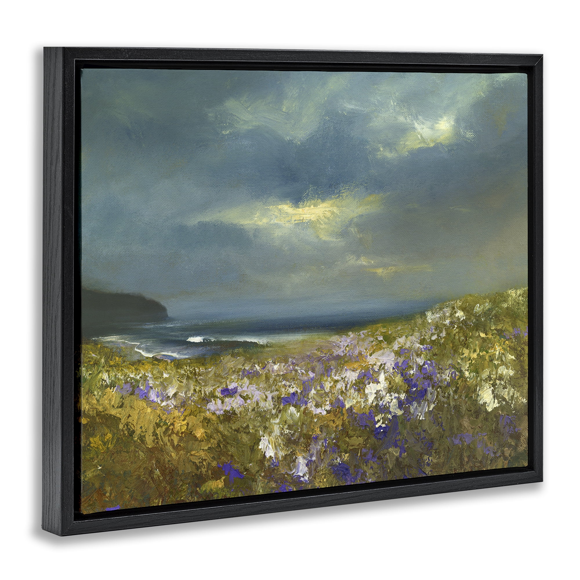 Stupell Industries Flowers by Stormy Beach Landscape & Nature Painting Black Floater Framed Canvas Art Print Wall Art, 31 x 25