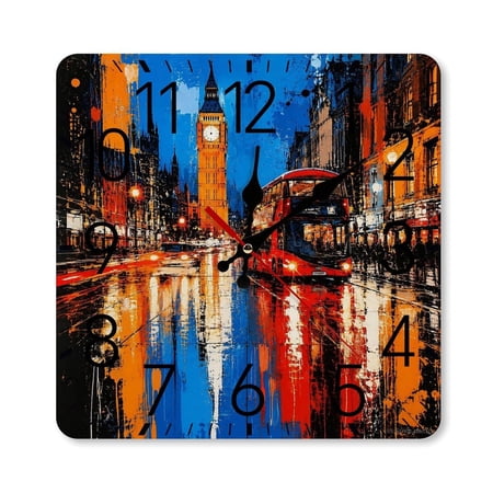 RKSupls 10 × 10 inch Square Silent Wall Clock Wooden Frame, London Night Rain Cityscape Scale photo RKSupls 10 × 10 inch Square Silent Wall Clock Wooden Frame, London Night Rain Cityscape Scale