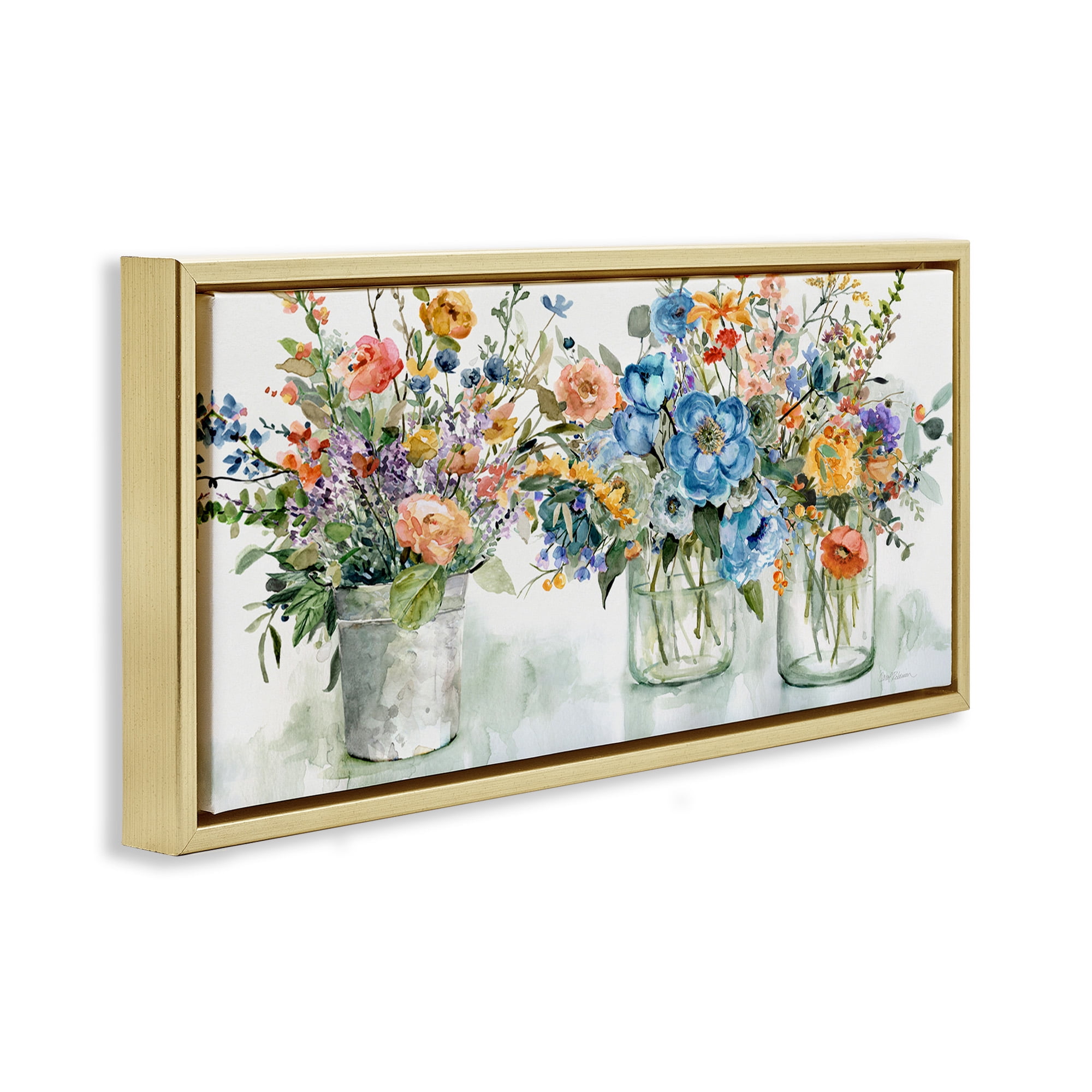 Stupell Industries French Cottage Flower Jars Botanical & Floral Painting Gold Floater Framed Canvas Art Print Wall Art, 31 x 14