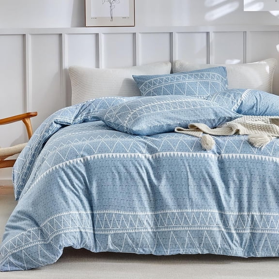 Geometric Duvet Cover Queen Size, Boho Blue Duvet Cover Queen 3pc Ultra Soft Microfiber Breathable Bedding Duvet Cover Set with Zipper Ties (No Comforter)