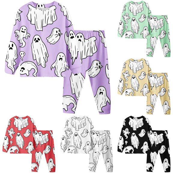 JCCXIN Child Girls Pajamas Halloween Sleepwear Long Sleeve Crew Neck Top And Pants 2 PC Sleep Set Ghost Graphic Soft Fall Winter Casual Daily Homewear Comfort Nightwear,Purple,8-9 Years