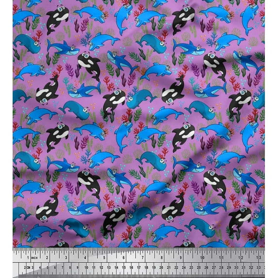 Soimoi Silk Fabric Coral,Dolphin & Whale Ocean Printed Fabric 1 Yard 42 Inch Wide