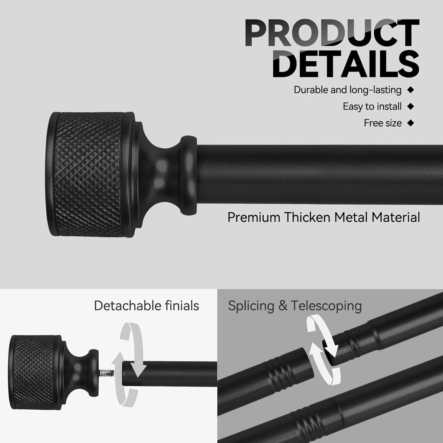 Curtain Rods for Windows 18 to 37 Inch, 1 Inch Diameter Modern Adjustable Decorative Drapery Rods, Window Curtain Rod with Dumbbell Design Finials, Black with Gold edge Finishing, Size:18"-45"