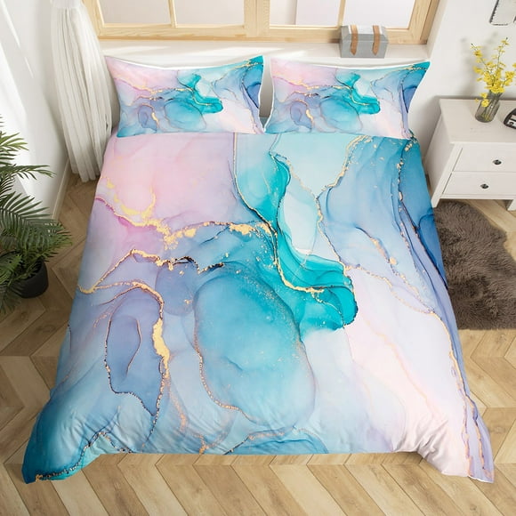 YST Pink Blue Golden Duvet Cover Full,Colorful Marble Bedding Set for Youth,Glitter Marbling Texture Comforter Cover,Watercolor Bed Sets with 2 Pillowcases Home Room Decor
