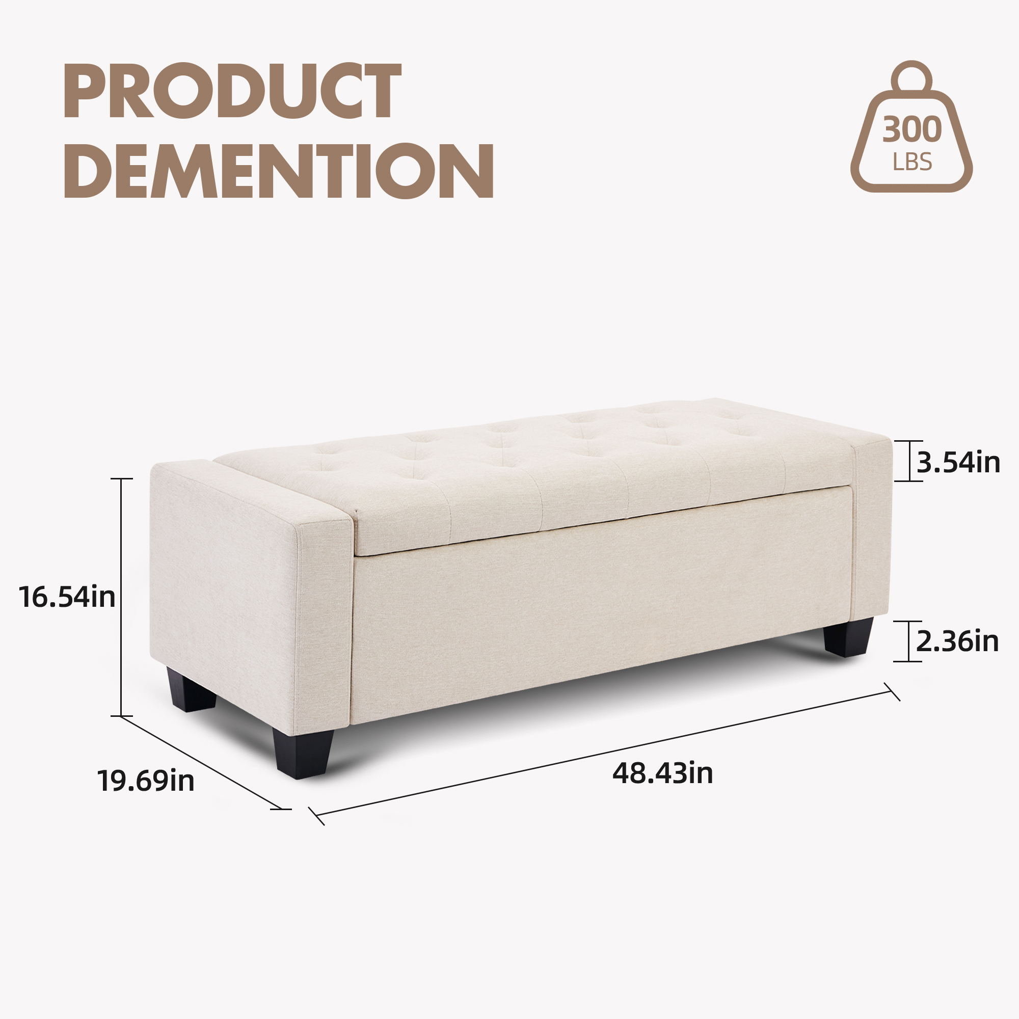 Huatean Home 48" Ottoman Storage Bench Upholstered with Safety Hinge, Beige