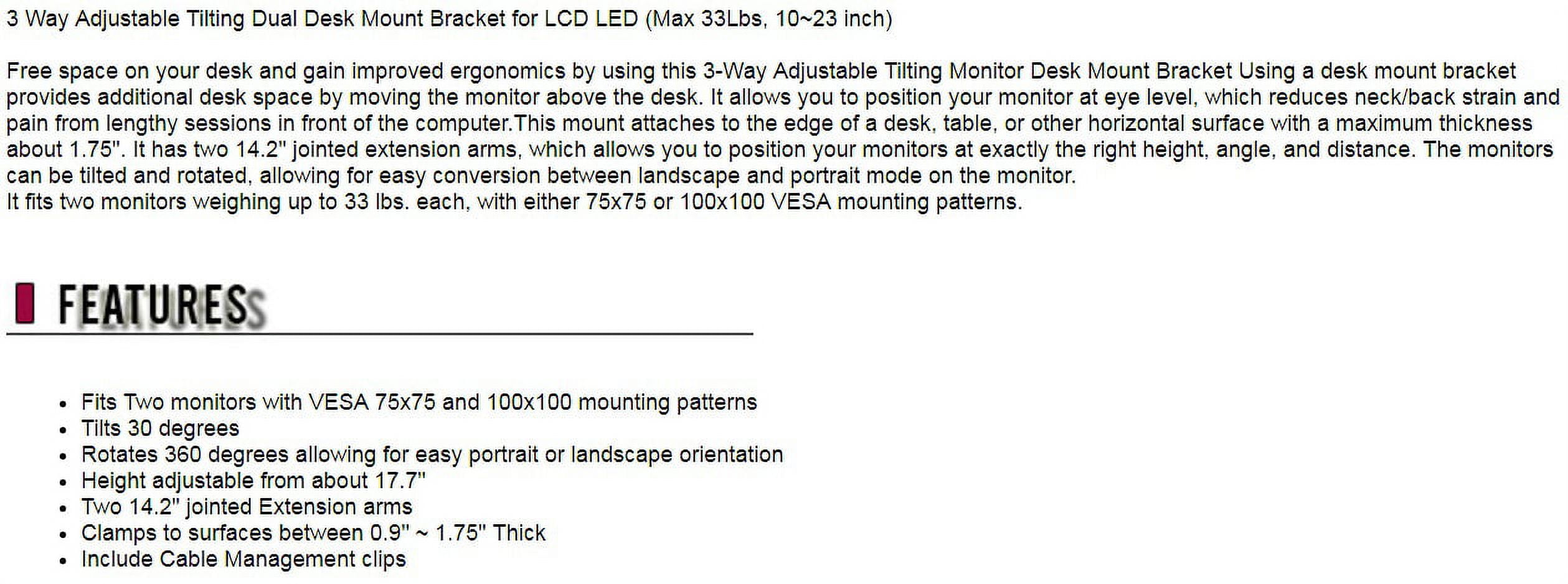 3 Way Adjustable Tilting Dual Desk Mount Bracket for LCD LED (Max 33Lbs, 10~23 inch)