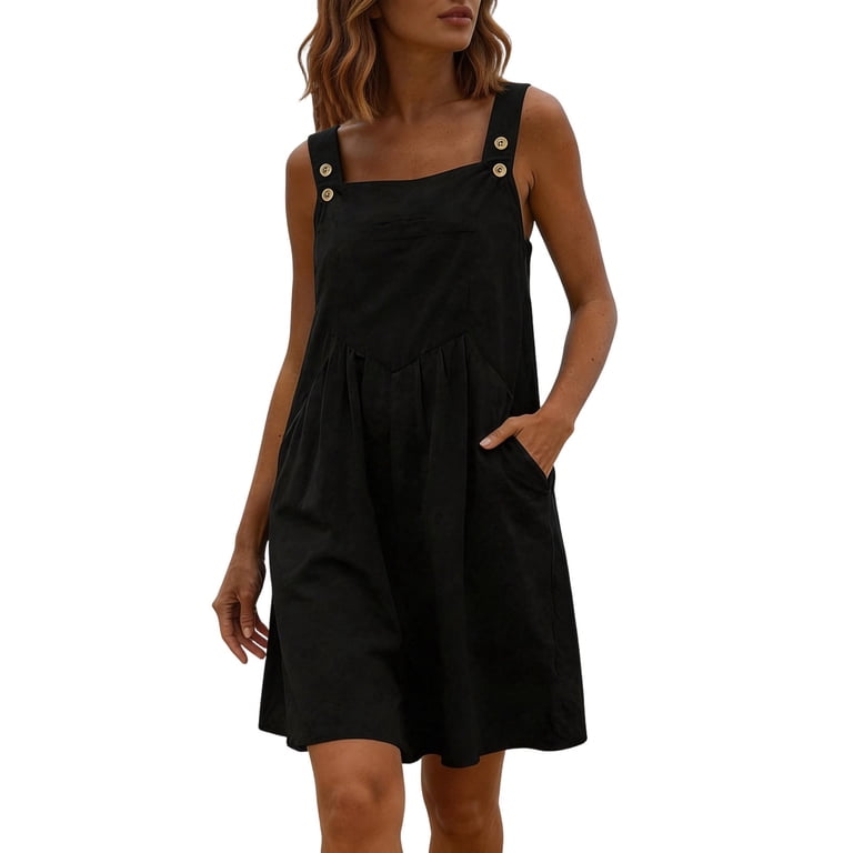 Mifsaly Overall Dress for Women Knee Length Square Neck Pinafore Dresses Pleated Front Adjustable Button Straps A-Line Summer Sundress with Pockets 