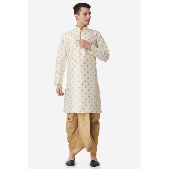 Royal Kurta Jacquard Silk Printed Gold Kurta Bronze Dhoti Set for Men