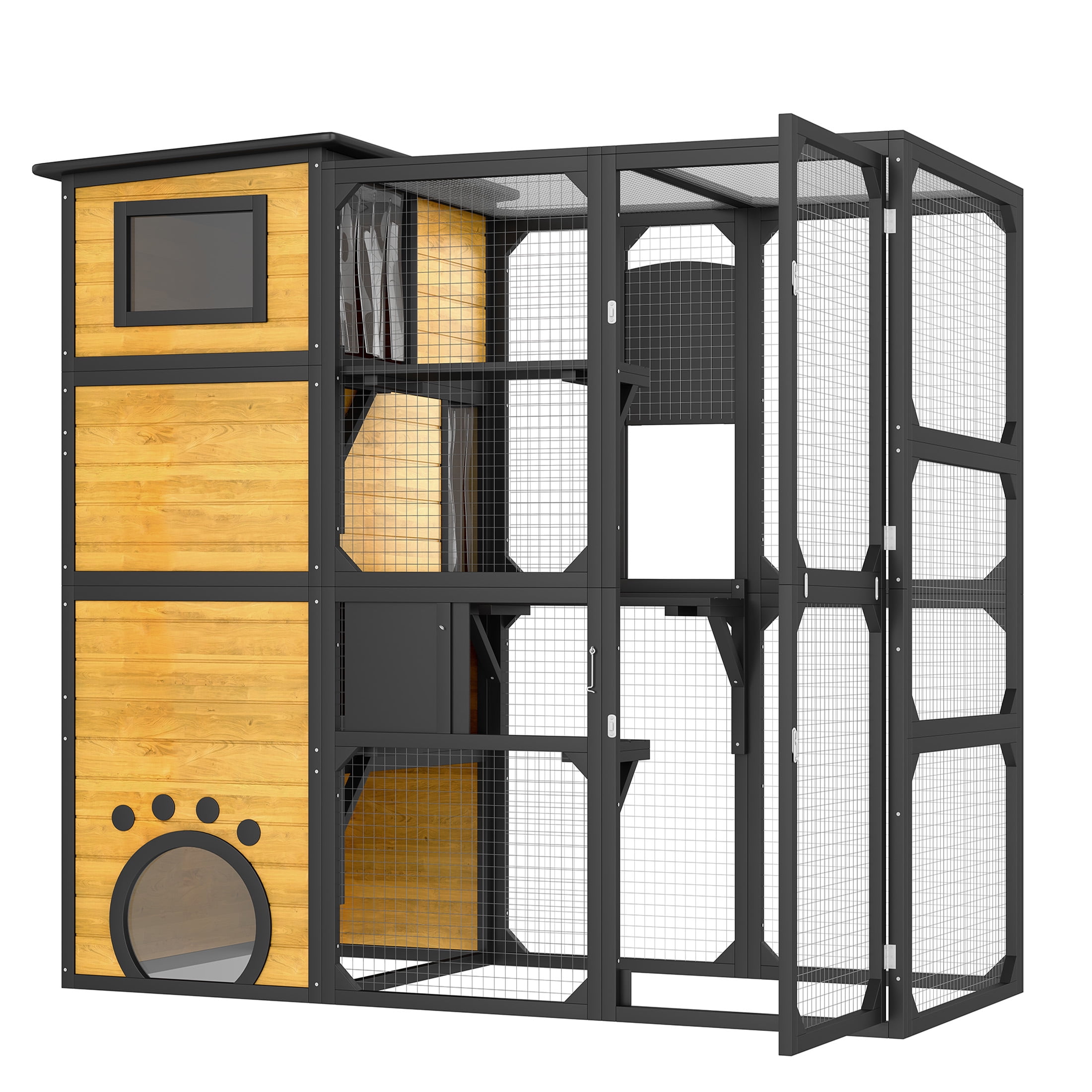 JERFIT 4-Tier Outdoor Catio Enclosure with Window Attachment, Weatherproof Large Cat House with Platforms, Lounges & Asphalt Roof for Multiple Pets, Brown