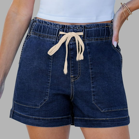 NTACZA Hotpants Plus Size Womens Shorts Black Elastic Waist Denim Solid with Pocket Jean Shorts Leggings for Women L