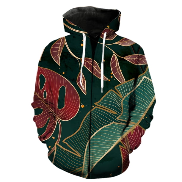 Sudadera con capucha y cremallera para hombre, diseño de hojas de plantas tropicales, estilo hip hop, informal, divertida, de manga larga, estilo urbano, estilo Harajuku, con estampado 3D