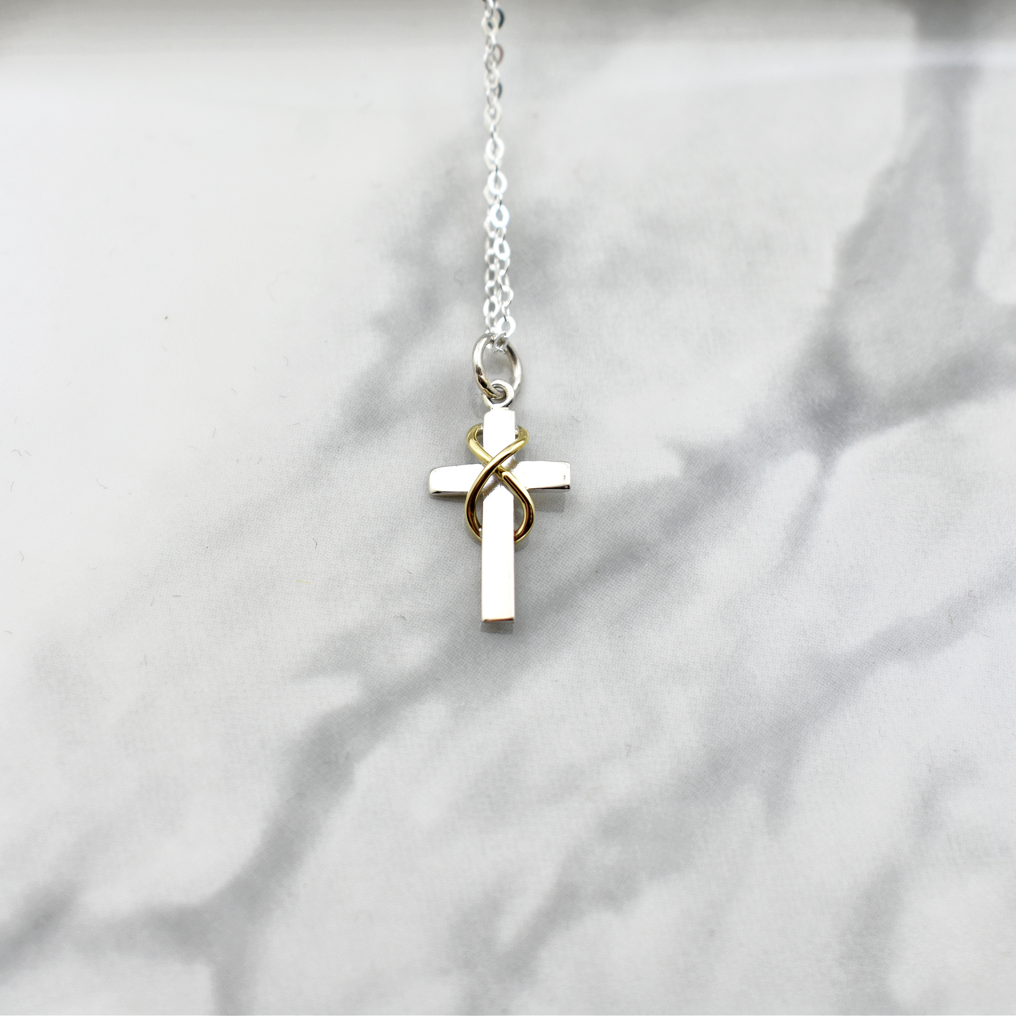 Sterling Silver and Natural Bronze Cross on a 16 inch cable Chain. First Communion Gift.