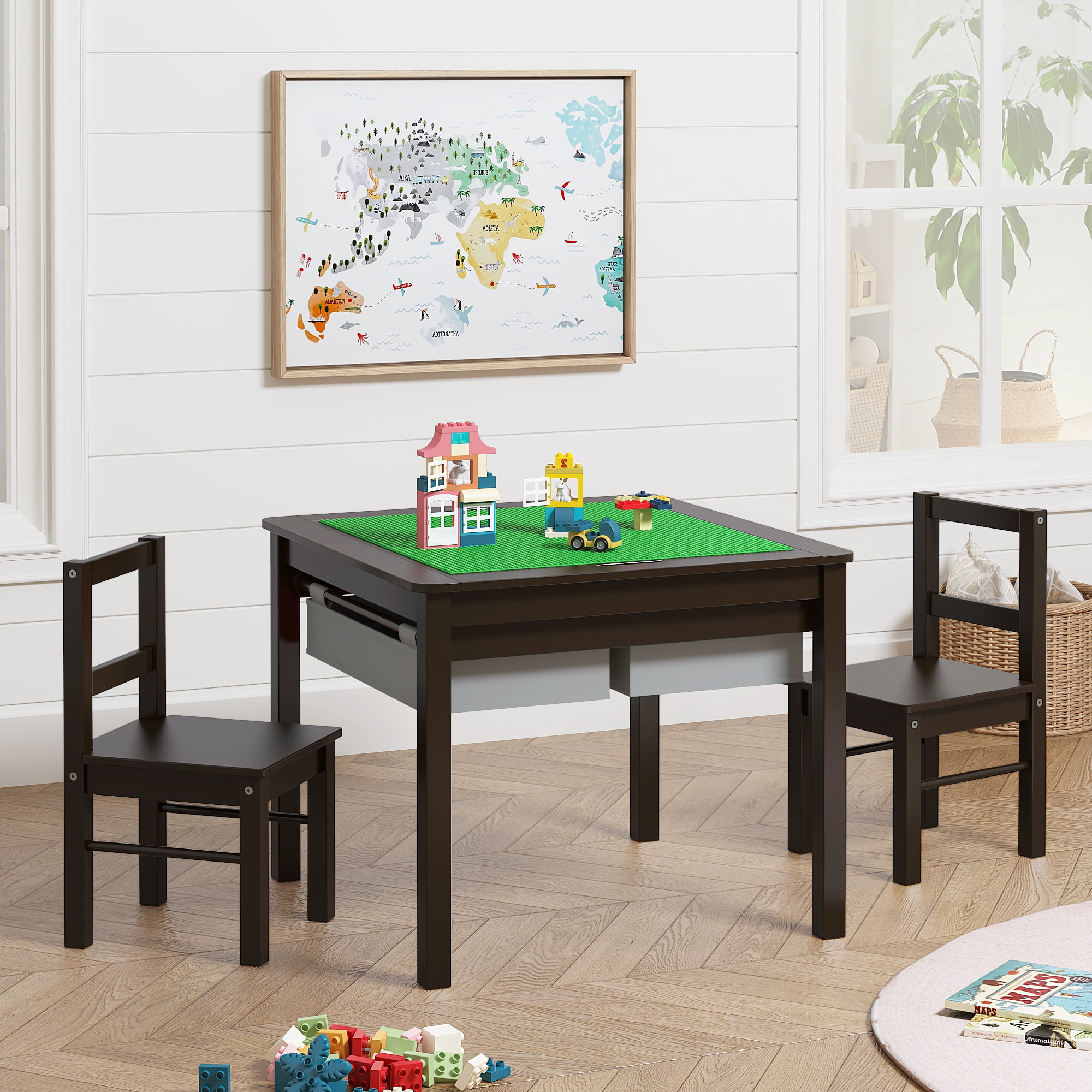 UTEX Wooden 2 In 1 Kids Construction Play Table and 2 Chairs set with Storage Drawers and Built In Broad, Espresso with Gray Drawer