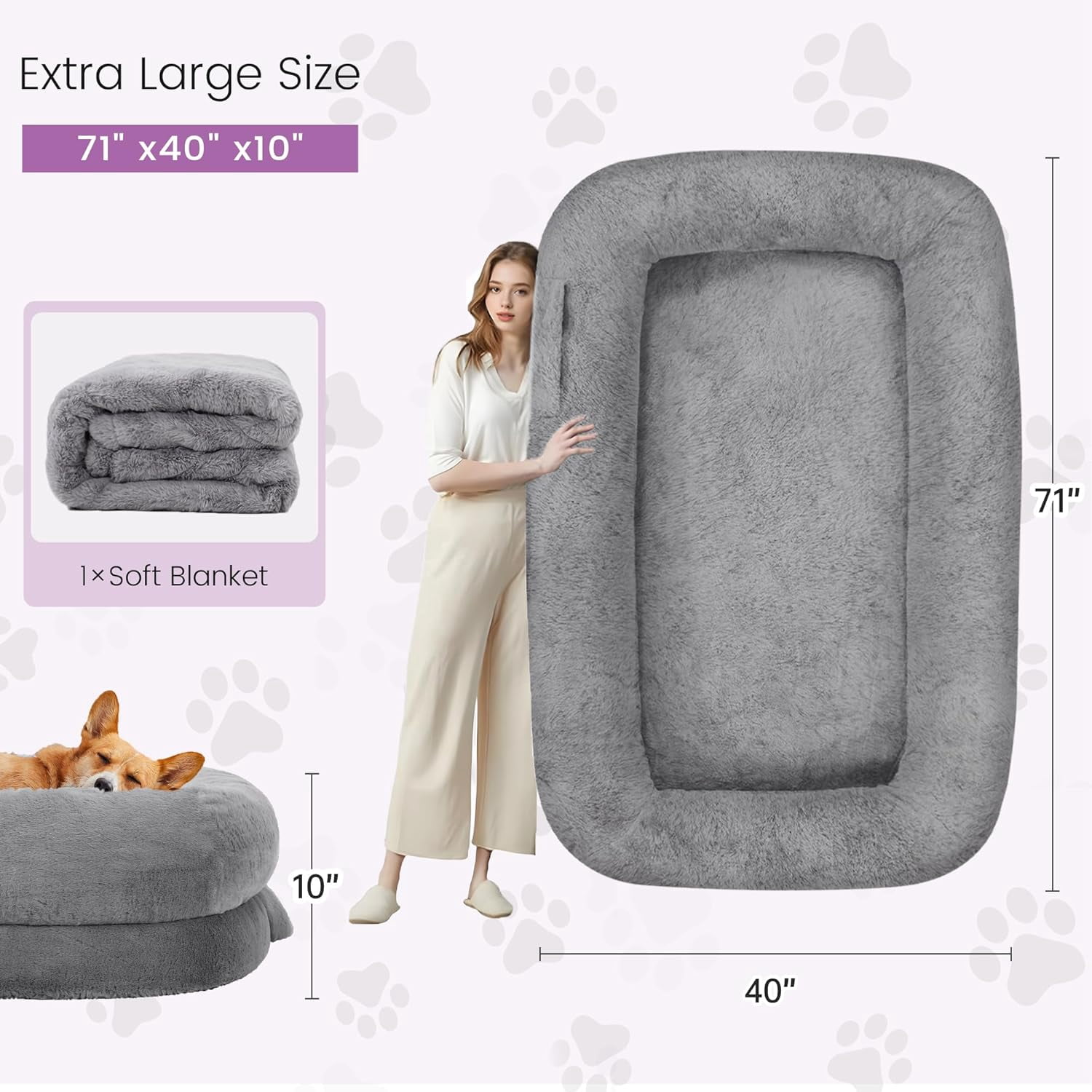 Murago 71"x43"x10" Human Dog Bed for Adults, Orthopedic Calming Lounger for People & Pets, Light Grey