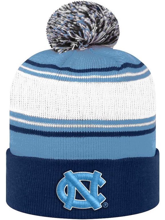 Brand New Collegiate Men's UNC Striped Cuffed Knit Winter Pom Beanie Hat, 100% Cotton, Embroidered Logos, Official School Colors