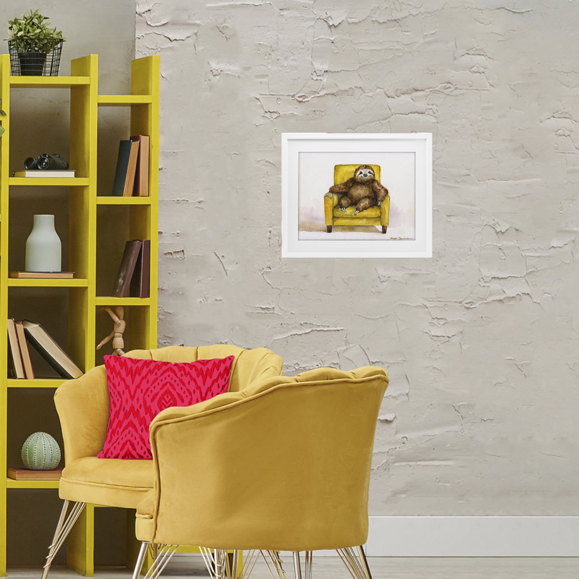 Stupell Industries Happy Sloth Relaxing on Armchair White Framed Print Under Glass, design by George Dyachenko