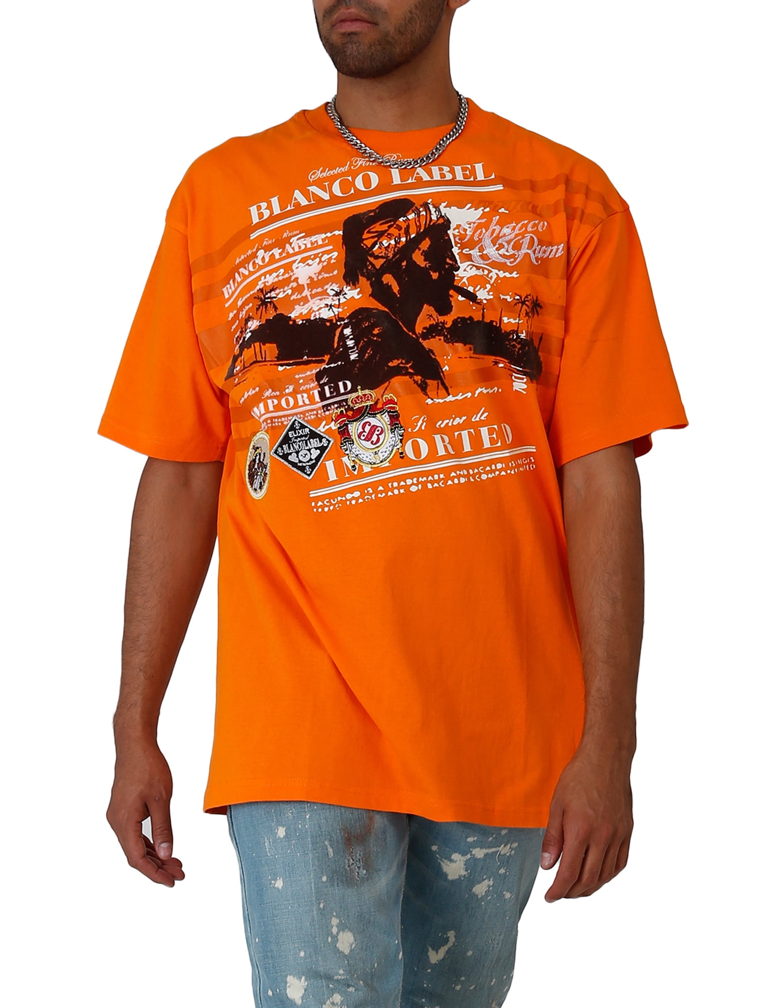 beige and orange graphic tee