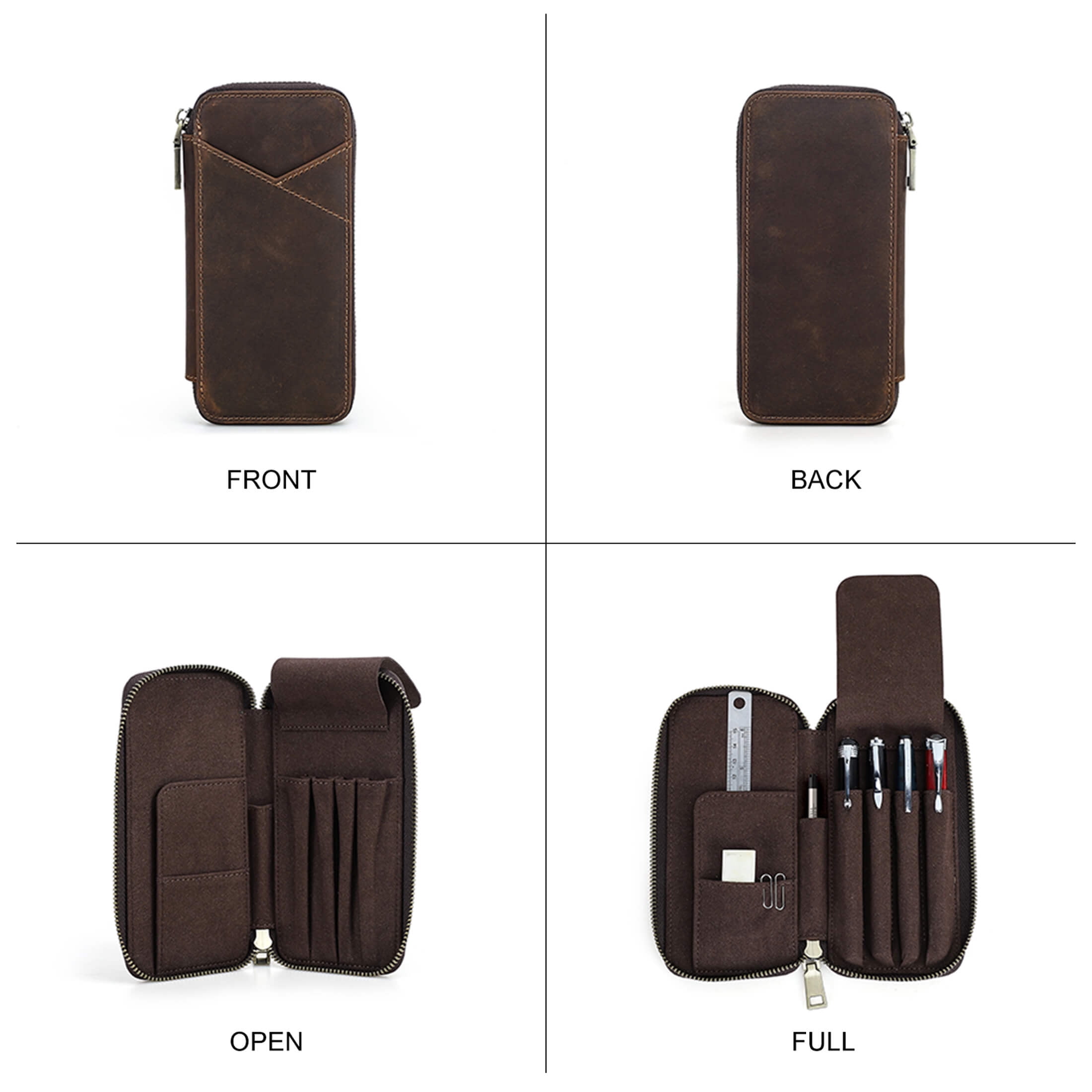 Hiram Genuine Leather Pencil Case with 4 Slots, Handmade Multifunctional Zipper Fountain Pen Bag, Student Stationery Pen Box (Coffee)