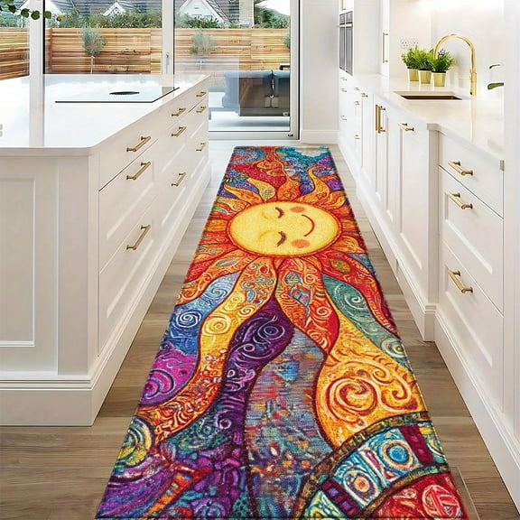 Bohemian Sun Totem Runner Rug - Colorful Mandala Pattern, Non-Slip, Washable, for Kitchen Hallway Living Room Bathroom