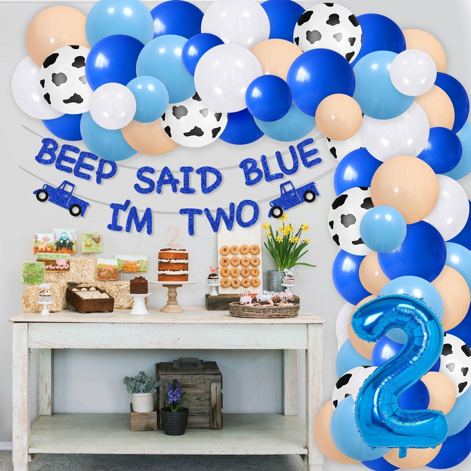 Little Blue Truck 2nd Birthday Party Decoration, Little Blue Truck Birthday Party Supplies with Beep Said Blue I'm Two Glitter Banner and Blue White Latex Balloon Arch for Boy Girl 2nd Birthday Party