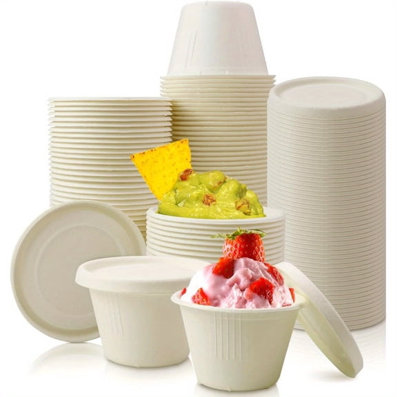 50 PCS 4oz Disposable Paper Cups with Lids, Ice Cream Cups, Natural Bagasse Fiber Recycleable Paper Bowls for Small Portion Condiments, Sauce, Souffle