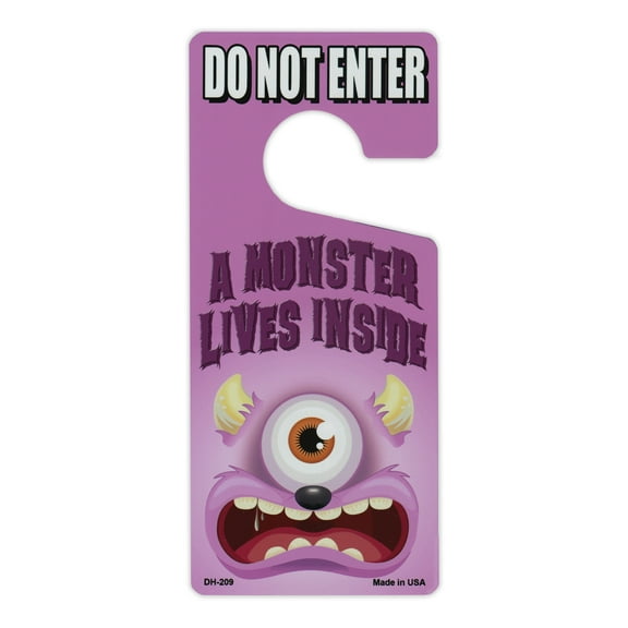 Door Knob Hanger, Metal, Do Not Enter, A Monster Lives Inside (Girls, Pink), 4" x 9"