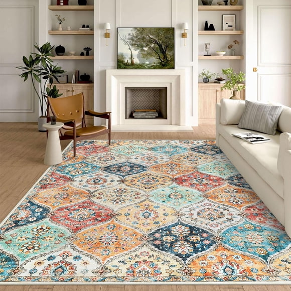 9' x 12' Washable Area Rug Moroccan Trellis Entryway Rug Doormat Stain Resistant, Non-Slip Accent Rug Vintage Medallion Distressed Floor Carpet for Front Entrance Kitchen Bathroom, Cream/Multi