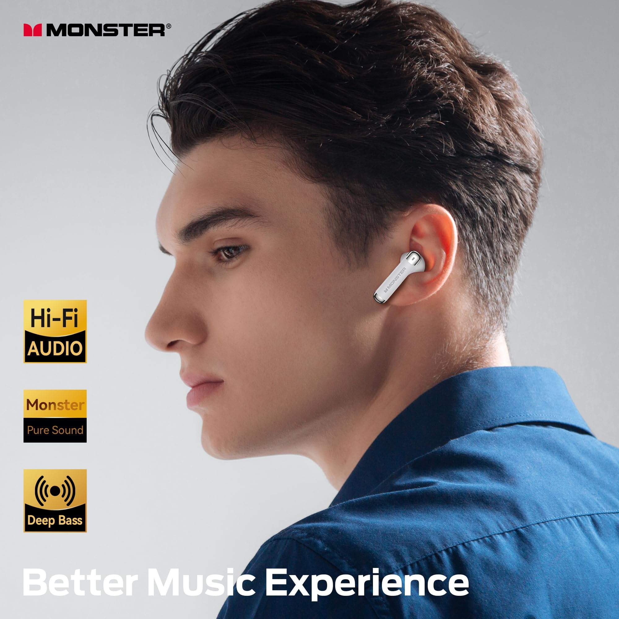 Monster Wireless Earbuds， Bluetooth 6.0 Stereo Headphones with Noise-Cancelling Mic and LED Display, Built-in Mic for Clear Calls, Waterproof Design for Sports, White