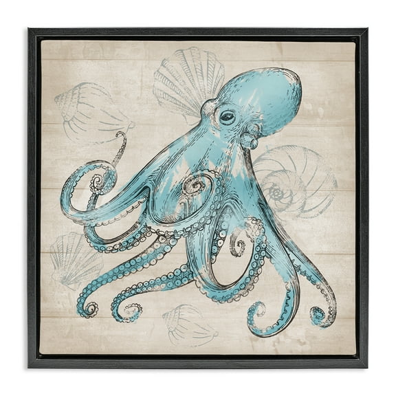 Stupell Industries Vintage Drawn Octopus Animals Painting Black Floater Framed Canvas Art Print Wall Art, 18 x 18