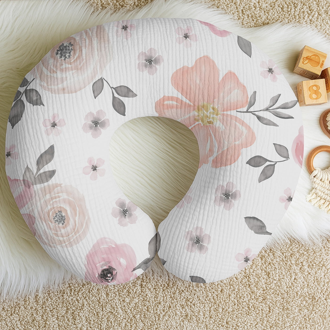 Sweet Jojo Designs Watercolor Floral Pink and Grey Girl Muslin 100% Cotton Nursing Pillow Cover