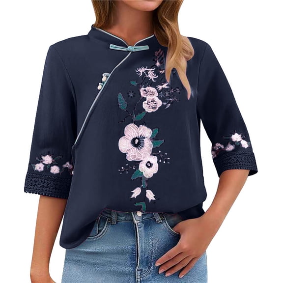 Embroidered 3/4 Sleeve Boho Tops Cotton Boho Tops Chinese Frog Button Tees Peasant Blouse Gauze Shirts Summer Blouses For Women Flowy Tops For Women Beach Vacation Tshirts Womens Summer Tops Navy L
