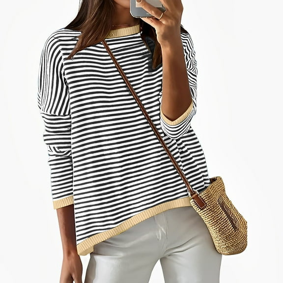 vigerkar Long Sleeve Shirts for Women Casual Spring Crewneck Striped Color Block Shirt High Low Pullover Tops Grey, XL