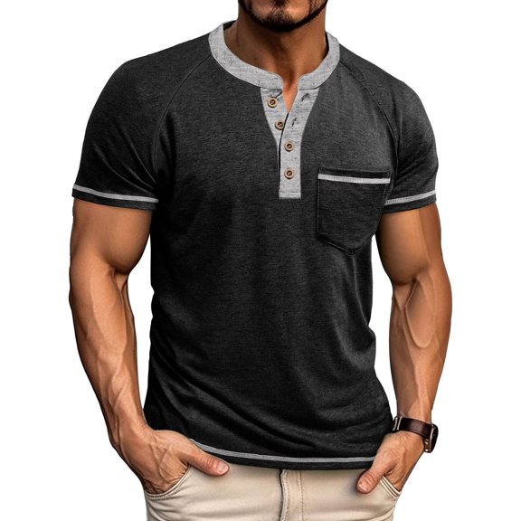 SWSMCLT Men's Henley Shirt Short Sleeve Soft T Shirt Vacation Button Fall Crew Neck Spandex Thin Summer Top Black 3X-Large