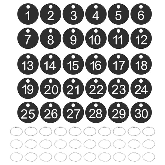 1-30 Number Tags, 30Pcs Round ID Number Key Tags Plastic Numbered Keychain with Key Rings for Luggage Lockers Organizer Field Sales Hangers Clothes Labels, White-Black
