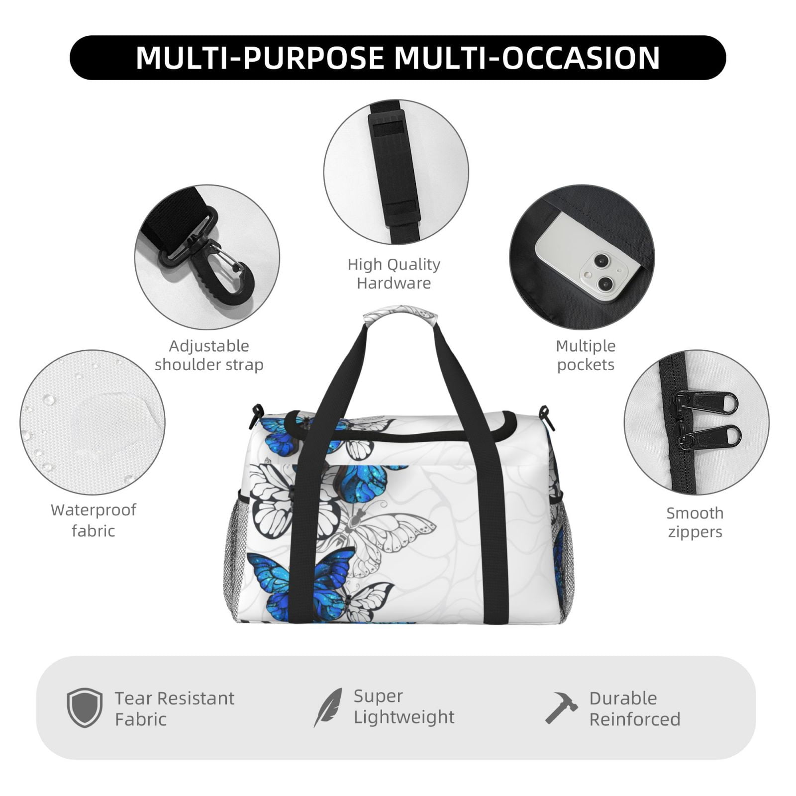 Defioc Blue Flying Butterflies Print Hand Travel Bag - Foldable Travel Duffel Bags for Men Women -Sport Gym Bag - Overnight Travel Duffel Bag - Adjustable Shoulder Strap