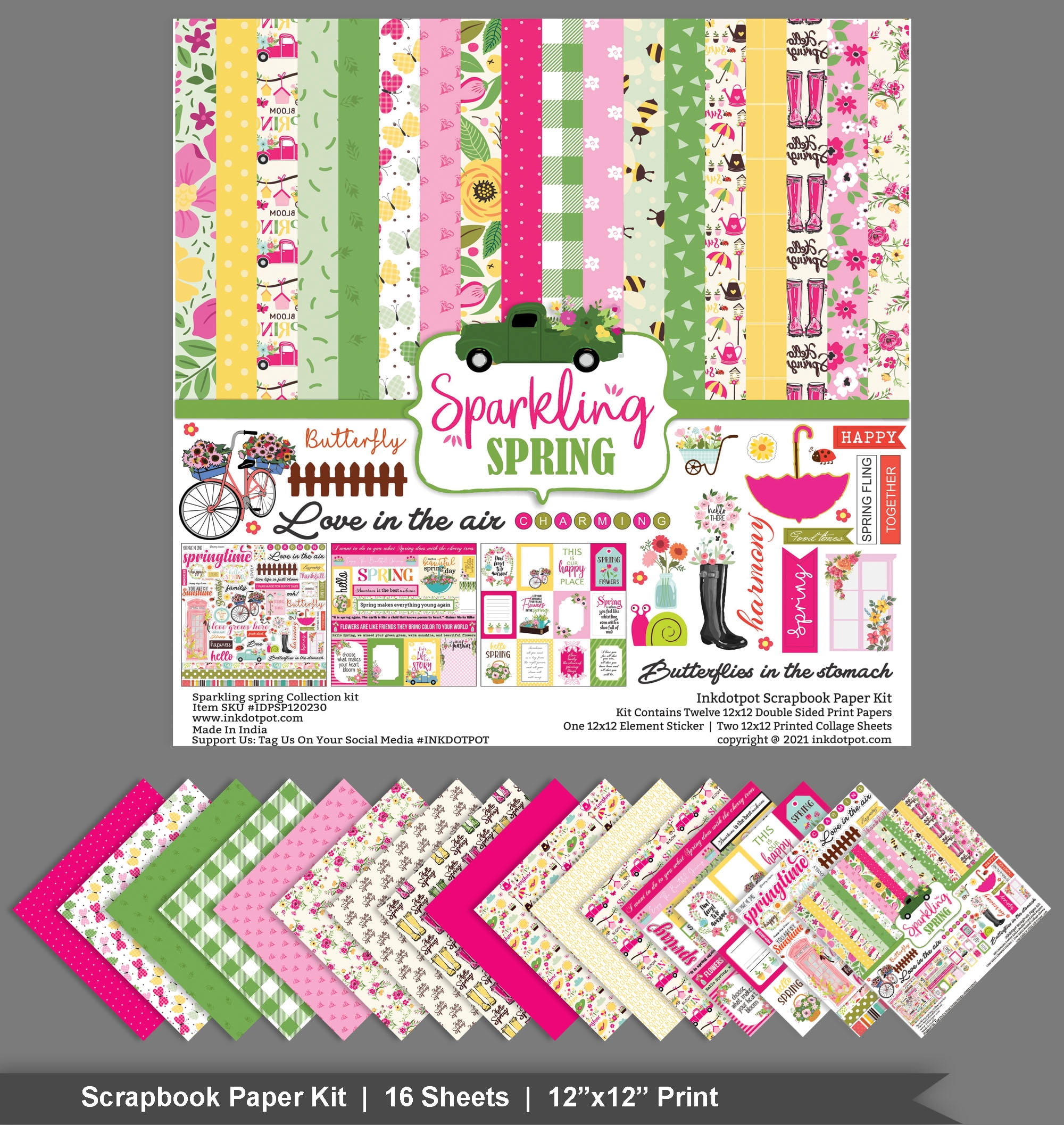 Inkdotpot Floral Theme Collection Double,Sided Scrapbook Paper Kit Cardstock 12"x12" Card Making Paper Pack Of With Sticker Sheet - 16 Pages - Multicolor