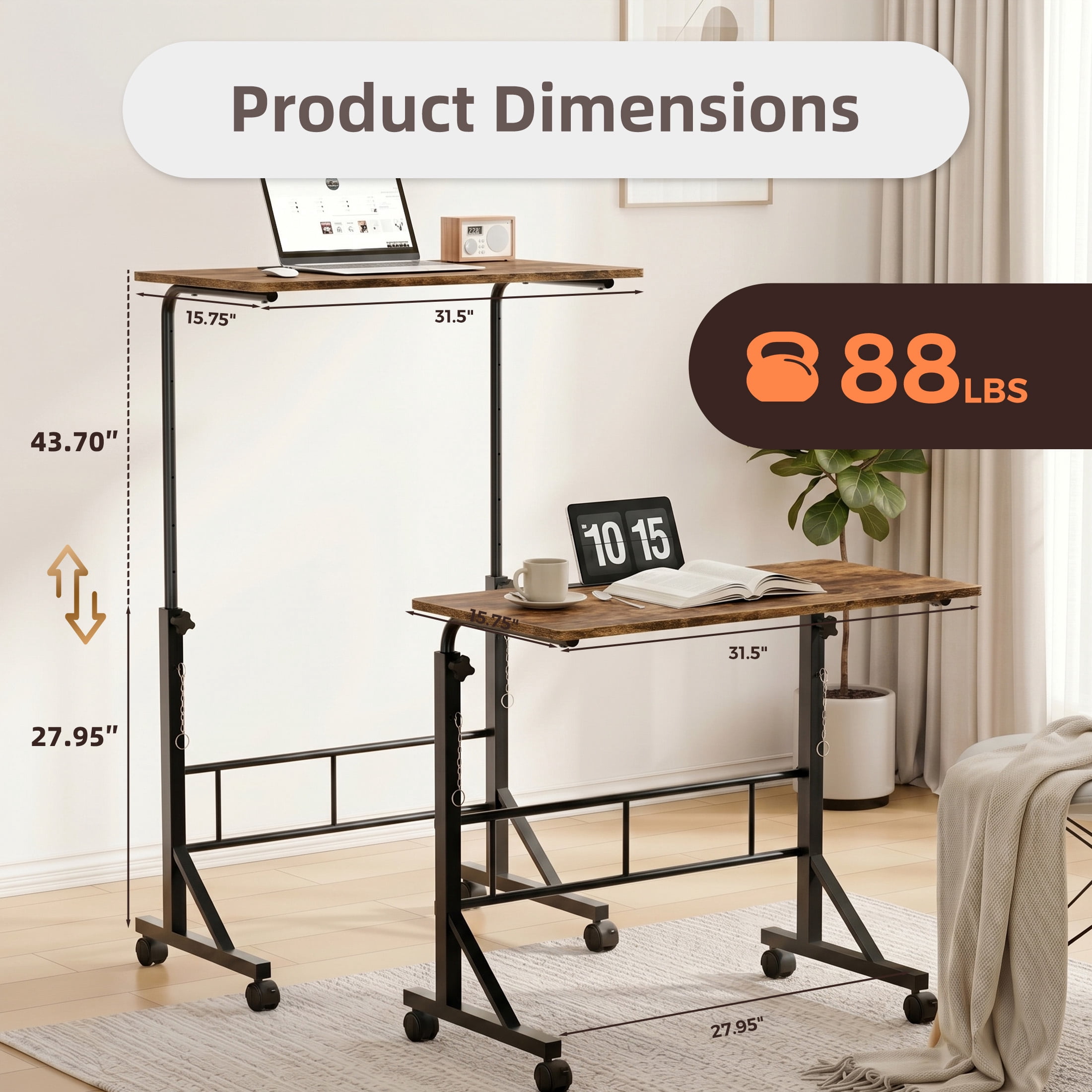 CONCETTA Adjustable Height Mobile Standing Desk with Wheels, 16"x31.5" Small Rolling Computer Desk for Home Office, Rust