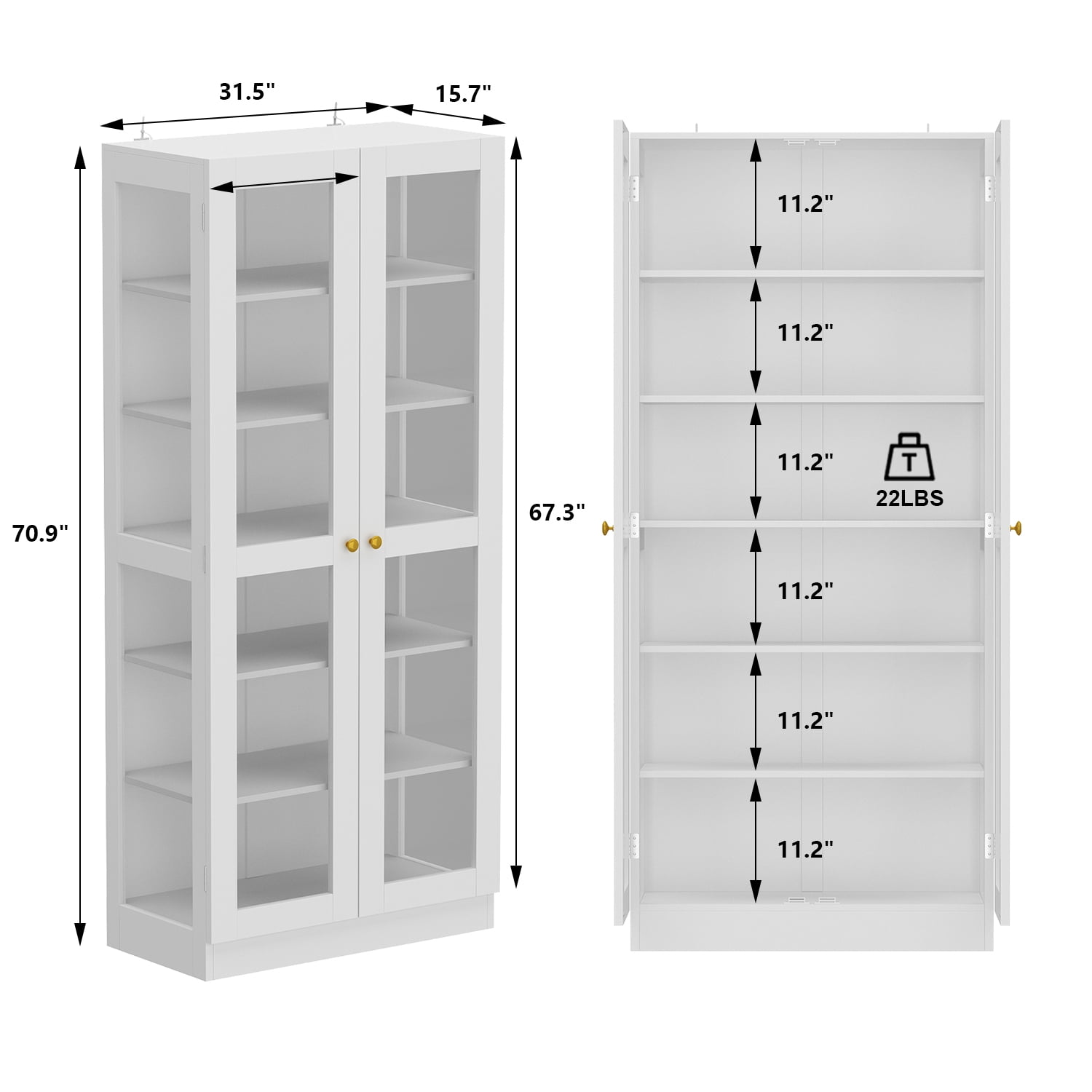 MONSLIPA Display Curio Cabinet with Tempered Glass Door, 6 Shelves - White