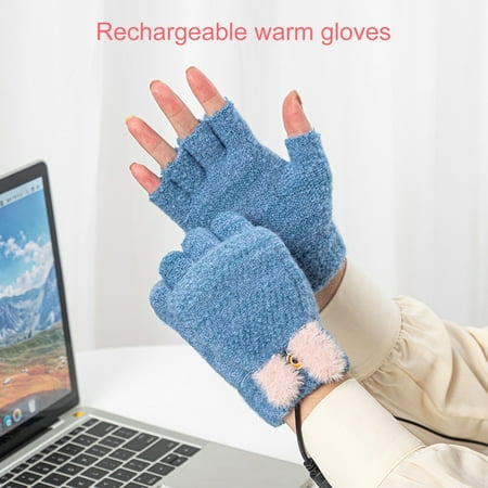 

harmtty 1 Pair Heated Gloves Cartoon Ears Flip Cover Electric USB Detachable Gloves for Office Blue