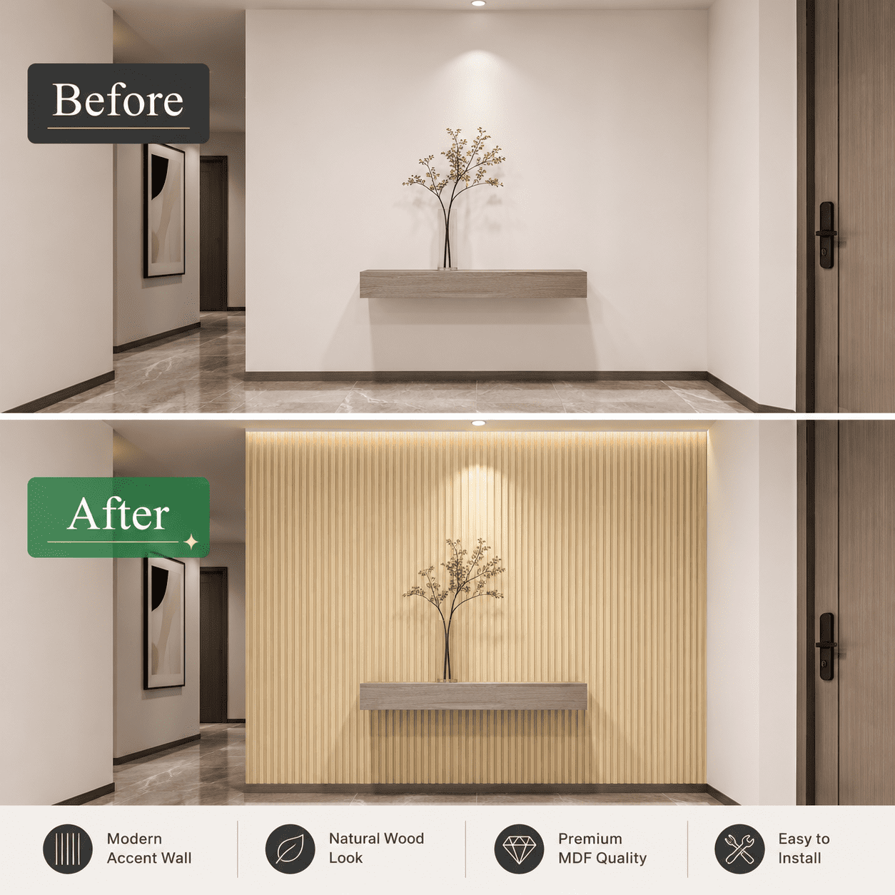 Yeslife 6 pcs Slat Wall Panels, 94.49 x 7.44 in, Oak MDF, 3D Decorative Design for Interior Walls and Ceilings